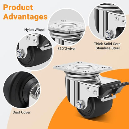 Nefish 2.5 Inch Heavy Duty Stainless Steel Low Gravity Casters, SUS 304 Industrial Grade Stainless Steel Caster Wheels with Brakes, Durable Castors Set of 4 with Nylon Wheels for Industrial, Equipment