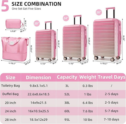LARVENDER Luggage Sets 5 Piece Hardside Expandable Suitcase with Wheels Lock,PC+ABS Hardside Lightweight Rolling Suitcase for Women and Men,Peach Sparkling