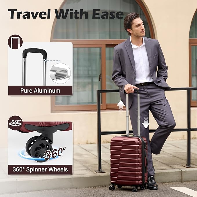 Coolife Carry On Luggage Airline Approved with Wheels Hard Shell Suitcase Spinner TSA Lock Telescopic Handle 20in-Wine Red