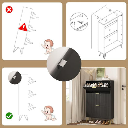 Shoe Cabinet with 3 Flip Drawers Narrow, Fluted Black Shoe Cabinet Storage for Entryway Slim, Hidden Shoe Storage Cabinet, Modern Freestanding Shoe Rack Organizer for Entryway, Black