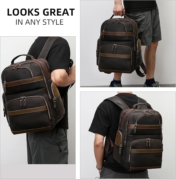Leather Backpack for Men,15.6" Laptop Backpack Large Capacity Vintage Casual Travel Business Work Computer Bag Outdoor Weekend Daypacks (Dark Brown)