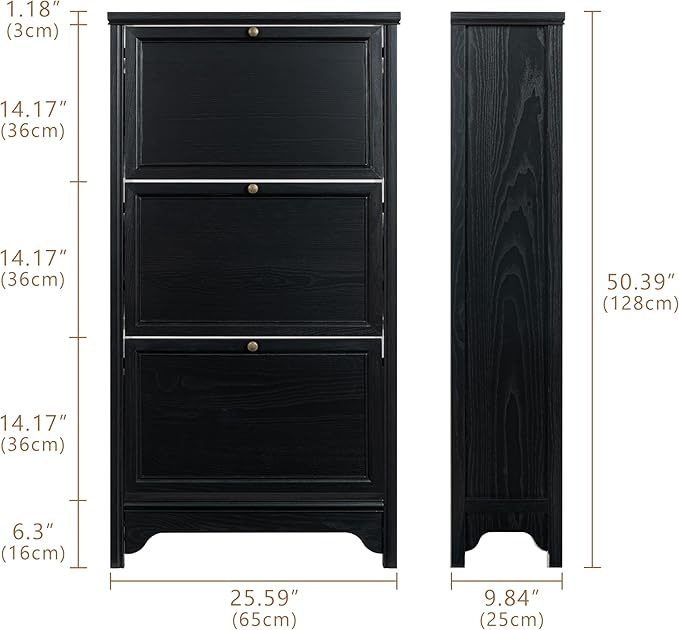 Chogori 3-Tier Shoe Cabinet – Solid Wood Entryway Shoe Storage Organizer with Flip-Up Doors, Adjustable Shelves – Narrow Freestanding Shoe Cabinets for Hallway – Space-Saving Design (1, Onyx Black)