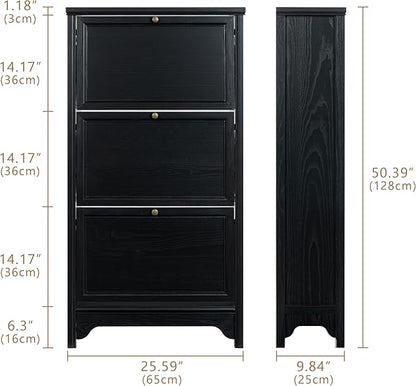Chogori 3-Tier Shoe Cabinet – Solid Wood Entryway Shoe Storage Organizer with Flip-Up Doors, Adjustable Shelves – Narrow Freestanding Shoe Cabinets for Hallway – Space-Saving Design (2, Onyx Black)