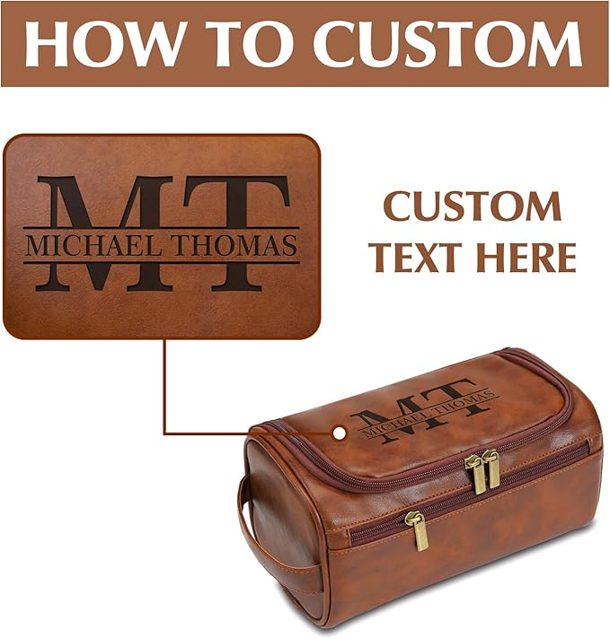 Personalized Leather Toiletry Bag, Name and Text Engravable, Men's Toiletry Bag Gift, Men's Leather Travel Toiletry Bags, Ideal Anniversary and Father's Day Gift for Husband, Dad, Grandpa