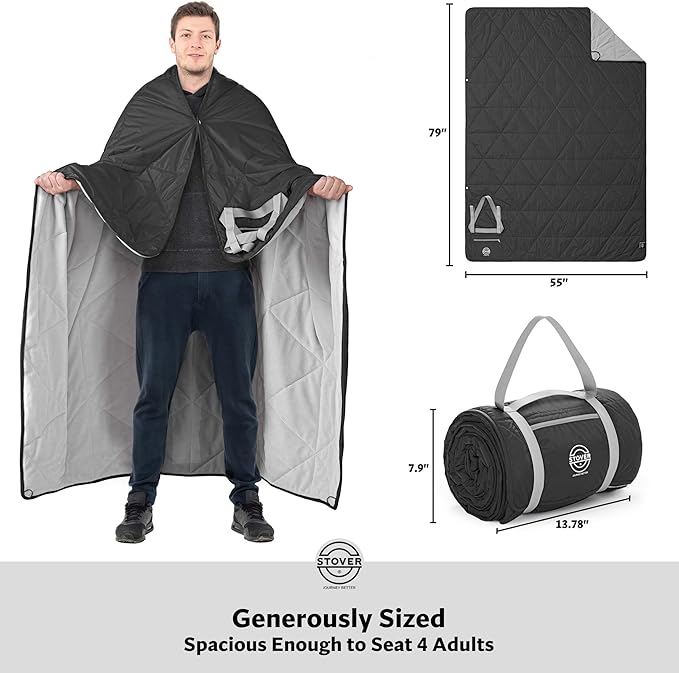 STOVER Large Waterproof Outdoor Stadium Blanket– Extra Thick Soft Fleece Camping Blanket for Travel, Picnics, Sports, Dogs– 79"x55", Warm, Windproof, Sand-Proof, Lightweight, Packable (Onyx Black)