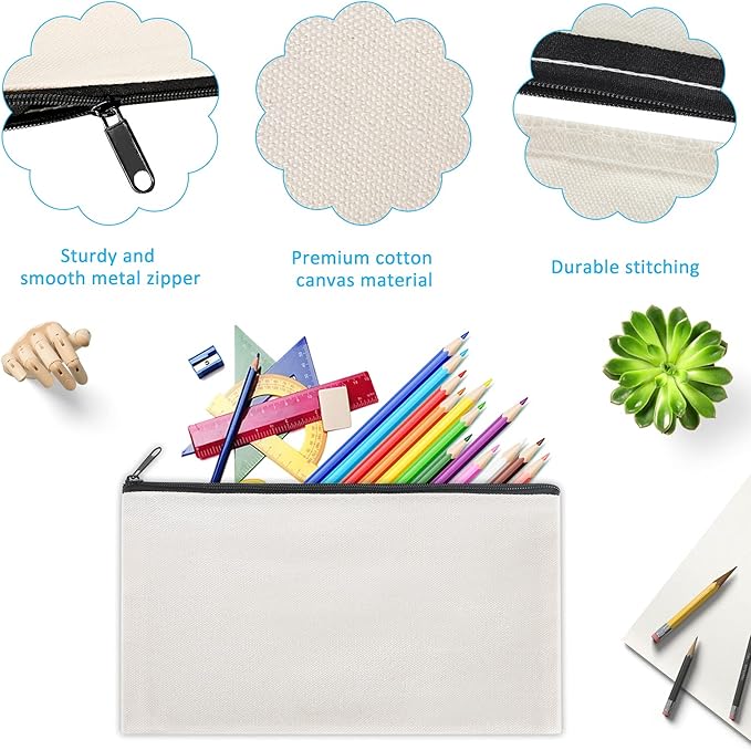 12 Pieces Cotton Canvas Makeup Bag, Multipurpose Cosmetic Bag with Zipper Travel Toiletry Pouch, Blank DIY Craft Bag (Grey, L)