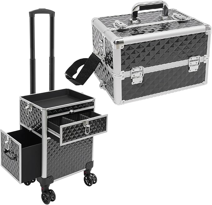 Makeup Train Case With 360° Rotation Wheels Multi-Functional Cosmetic Trolley with Drawer Large Storage Traveling Cart Trunk Black for Nail Technicians Hairstylist