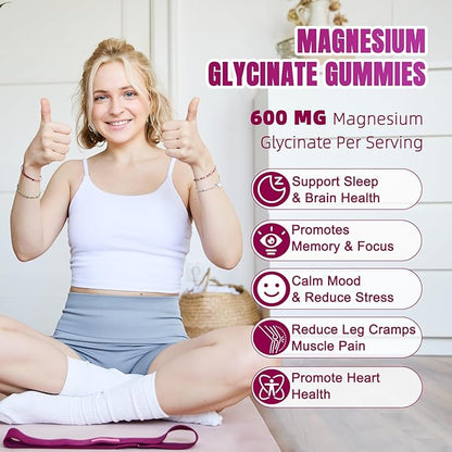 Magnesium Glycinate Gummies 600mg, High Absorption Magnesium Gummies with L-Threonate, Calcium, Vitamin B6, Sugar Free Chews for Adults & Kids Relaxation, Stress Relief Raspberry (60 Count)
