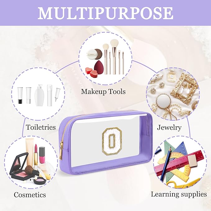 Small Clear Personalized Initial Makeup Bag,Preppy Nylon A-Z Chenille Letter Patch Makeup Organizer TSA Approved Travel Toiletry Bag,Waterproof Zip Beach Cosmetic Pouch Purse for Women(Purple-White O)