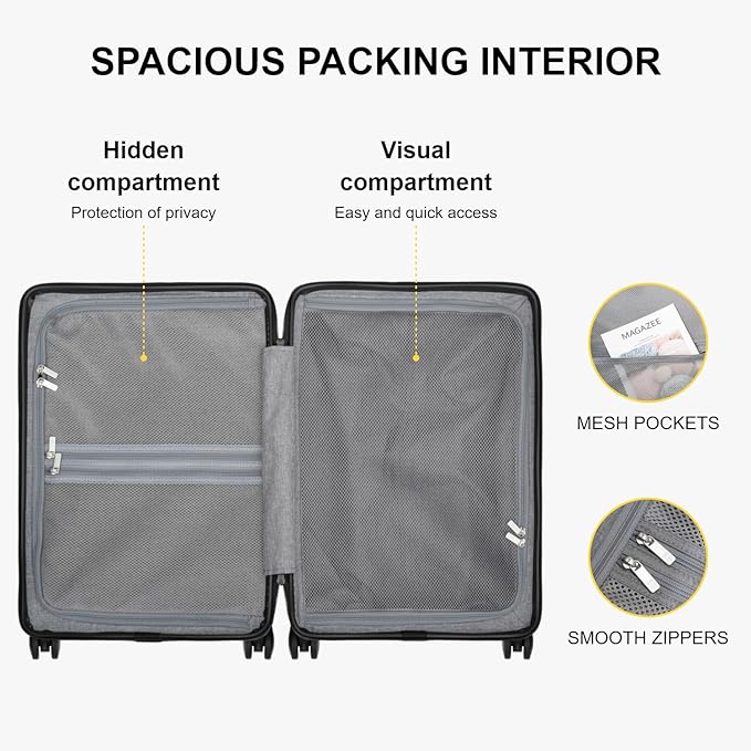 LEVEL8 Hard Shell Carry on Luggage Airline Approved, Carry-on Suitcases with Wheels, Lightweight Luminous Textured Hardside Travel Bag with Tsa Lock, 20 Inch, Black
