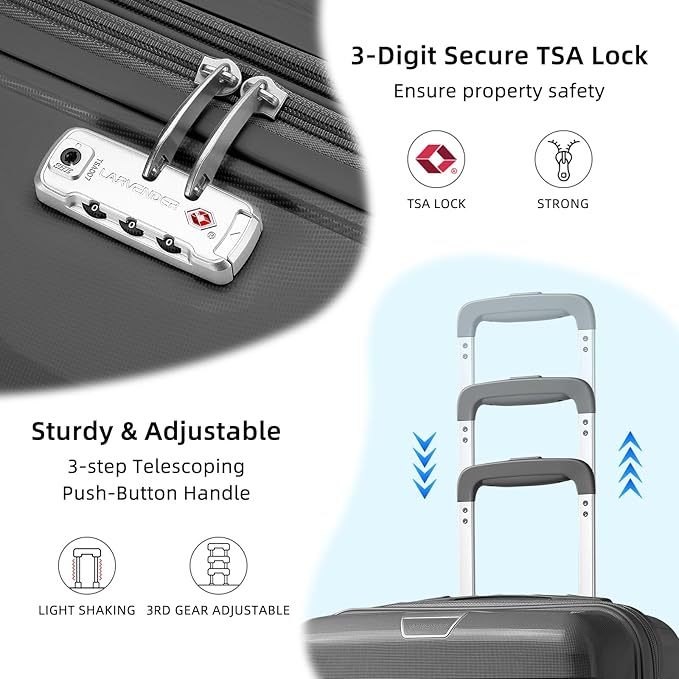 LARVENDER Luggage Sets 5 Piece with Duffel Bag Expandable(Only 28 inch) Hardside PP Carry On Luggage with 360° Spinner Wheels TSA Lock Luggage Sets for Men, Grey