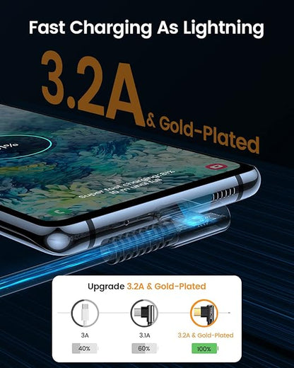 MRGLAS 3.2A USB C Charger Cable,[4-Pack,10+6.6+3.3+1.6FT] USB A to USB C Right Angle Gold-Plated Type C Charger Fast Charging Durable Braided Cord for iPhone 17 16 15 Samsung S10 Note 10 S21 LG-Black