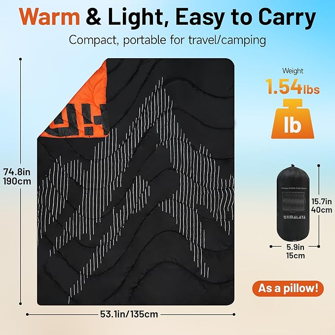 Lightweight Camping Blanket, Packable, Down Alternative, Puffy, Printed Wearable Blankets, Warm Camping Quilt with Snap Buttons for Outdoor, Travel, Hiking