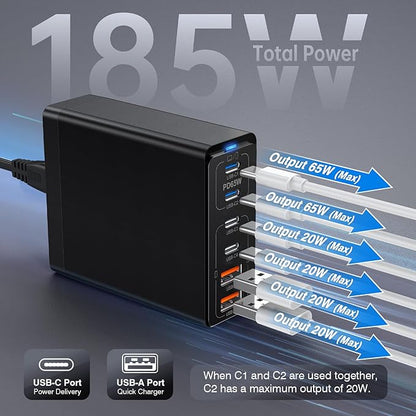 185W USB C Wall Charger, 6 Port Fast Charger Station PD GaN Charging Block Charger for iPhone 15/14/13/Compatible with MacBook Pro/Air iPad Pro,Laptop