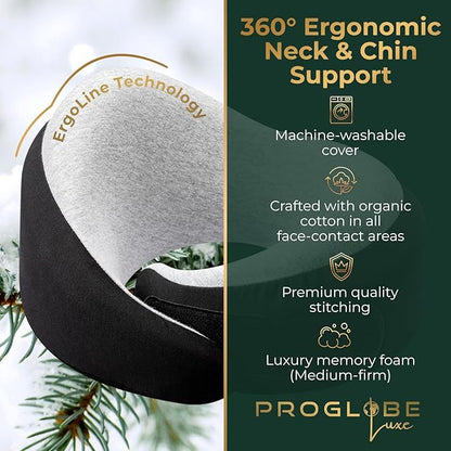 Proglobe Charcoal Black Memory Foam Travel Neck Pillow for Airplanes, Compact Plane Cushion for Long Flights with Soft Chin Support and Compression Bag, Comfortable Lightweight Air Travel Accessory