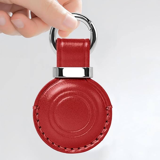 MOLOVA 4 Pack Leather for Apple for Airtags Keychain, Compact Design with Air tag Case, Secure Cover with Stainless Steel Ring Car Keys Chain Fob Accessories, Black/Dark Blue/Red/Vintage