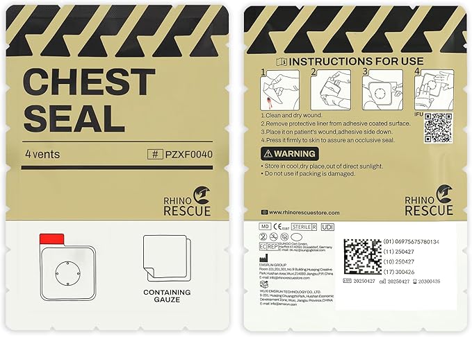 RHINO RESCUE Vented Chest Seal, 4 Vents, Sterile Emergency Trauma Dressing, Occlusive Adhesive Pad, IFAK Trauma Refill Medical First Aid Supplies for Wound Care, Gunshot Wound, Sucking Chest(6 Count)