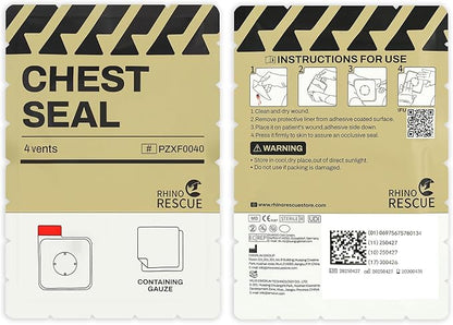 RHINO RESCUE Vented Chest Seal, 4 Vents, Sterile Emergency Trauma Dressing, Occlusive Adhesive Pad, IFAK Trauma Refill Medical First Aid Supplies for Wound Care, Gunshot Wound, Sucking Chest(6 Count)