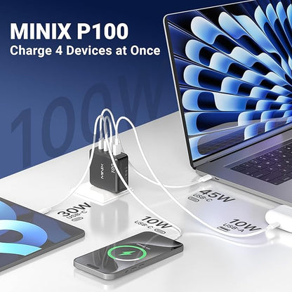 MINIX 100W USB C Charger, 4-Port Fast GaN Charger, Compact Foldable Wall Charger, Compatible with MacBook Pro/Air, iPad Pro, iPhone 17/16/15 Series, Galaxy S25/S24, and More for Home, Travel