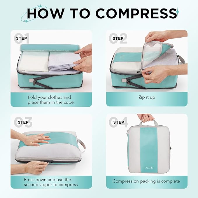 8 Set Compression Packing Cubes for Travel Essentials,Compressible Expandable Packing Cubes for Suitcase,OlarHike Luggage Organizer Bags for Travel,Handy Helper for Organizing Clothes(Cyan)
