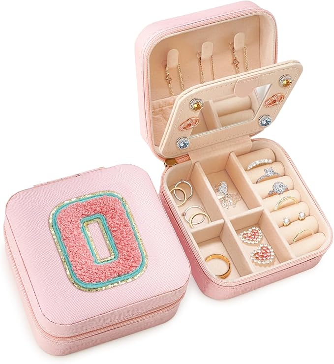 SANDJEST Personalized Jewelry Box, Pink Travel Jewelry Box with Initial O, Small Monogrammed Jewelry Case Organizer for Girls Women Teen Kids, Mini Travel Essentials Gifts for Birthday Christmas