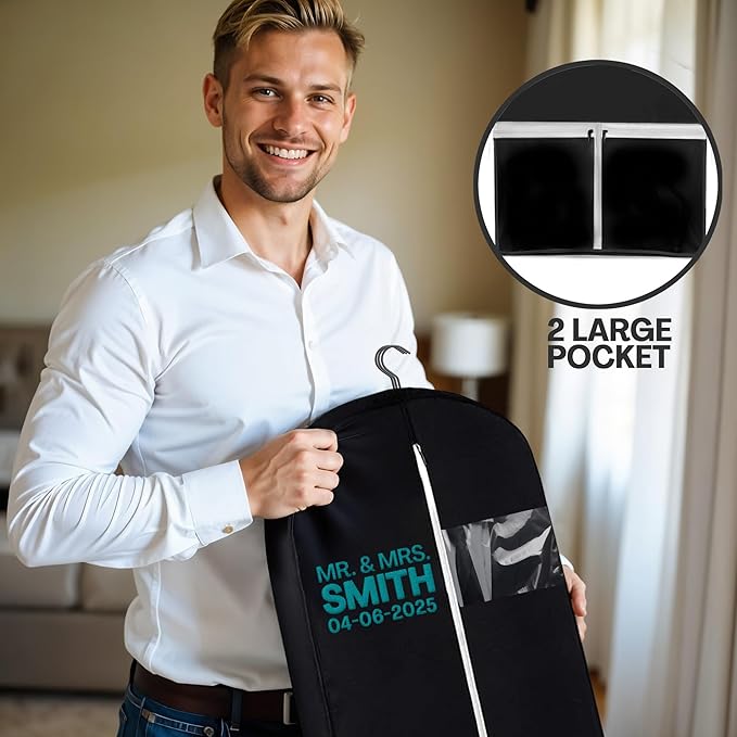 Personalized Garment bag for Groom Tuxedo - Embroidered Name Breathable Black Bag for Groomsmen with 2 Pockets for Hanging Clothes - Ideal for Groom Attire- Custom Suit Cover Bag with Carry Handles