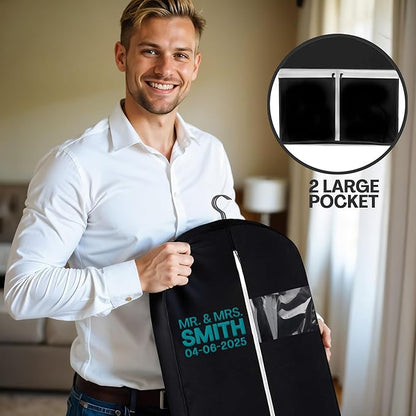 Personalized Garment bag for Groom Tuxedo - Embroidered Name Breathable Black Bag for Groomsmen with 2 Pockets for Hanging Clothes - Ideal for Groom Attire- Custom Suit Cover Bag with Carry Handles