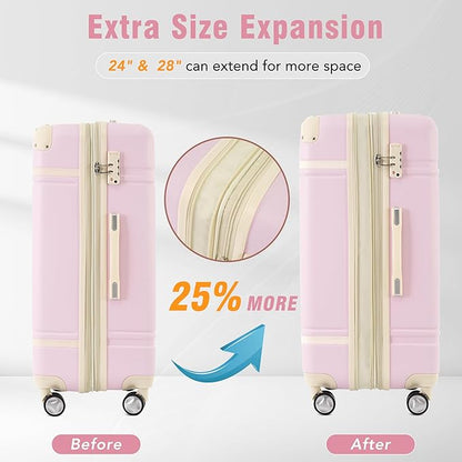 Merax Luggage Set, 3 Piece Luggage with Cosmetic Case, Vintage Hardcase Suitcase with Wheels, Expandable Luggage Airline Approved(Light Pink,20"+24"+28")