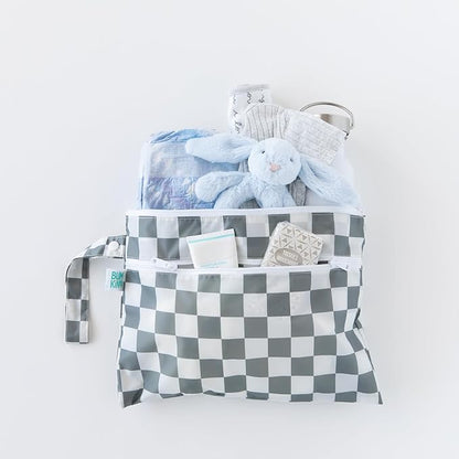 Bumkins - Waterproof Wet Bag & Wet/Dry Clutch Bags - For Beach, Baby, Travel, Swim Suit, Cloth Diapers, Pump Parts, Pool, Gym, Toiletries - Reusable & Easy to Clean - Gray Check - 2 Pack