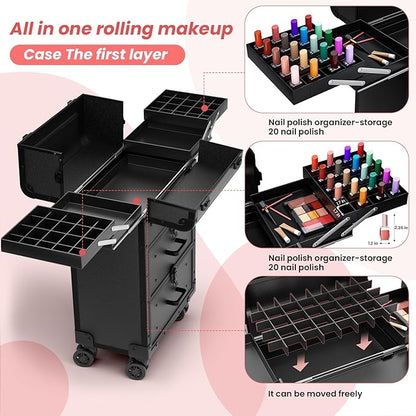 Large Rolling Makeup Train Case, Professional Travel Cosmetology Case on Wheels with Drawers, 3 Tiers Nail Organizers Storage Case for Nail Tech, Tattoo, Hairstylist, Makeup, Extra Large