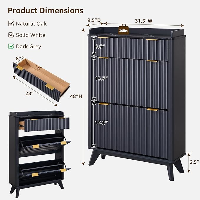 T4TREAM Fluted Shoe Storage Cabinet with 2 Flip Drawers & Top Drawer, 48" Tall Narrow Shoe Organizer, Curved Profile Design, Wooden Shoe Rack for Entryway, Hallway - Dark Grey