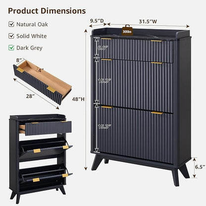 T4TREAM Fluted Shoe Storage Cabinet with 2 Flip Drawers & Top Drawer, 48" Tall Narrow Shoe Organizer, Curved Profile Design, Wooden Shoe Rack for Entryway, Hallway - Dark Grey