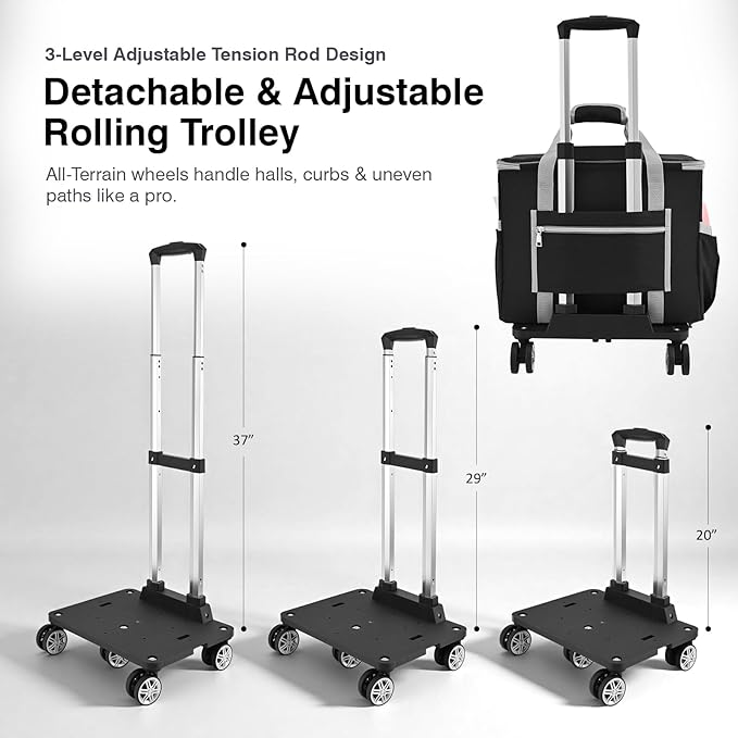 Rolling Tote Bag for Women Teacher Bag Rolling Cart Briefcase with Wheels Carry on Wheeled Bag for Work,Office,Craft Black