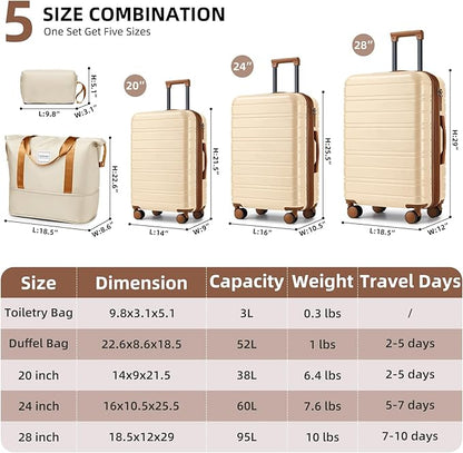 LARVENDER Luggage Sets 5 Piece Hardside Expandable Suitcase with Wheels Lock,Hardside Lightweight Rolling Suitcase for Women and Men,Cream