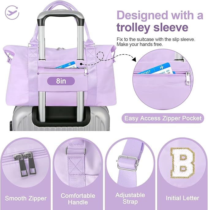 Dance Gym Duffel Bag for Teen Girls, Personalized Initial Travel Weekender Bag,Cute Overnight Carry On Duffle for Women,Sports Travel Cheer Bag,Monogram Christmas Gifts for Tween Preppy(purple-B)