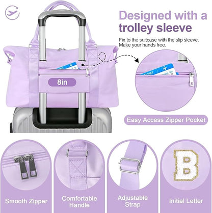 Dance Gym Duffel Bag for Teen Girls, Personalized Initial Travel Weekender Bag,Cute Overnight Carry On Duffle for Women,Sports Travel Cheer Bag,Monogram Christmas Gifts for Tween Preppy(purple-B)