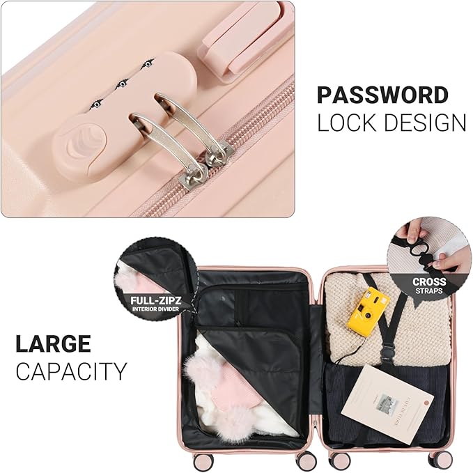 Carry-on Luggage with Cup Holder & USB Charging Port, Hard Side Luggage with Spinner Wheels, Lightweight Luggage for Travel, Business (Pink, Carry-On 20-Inch)