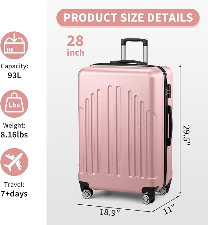 Karl home 28 Inch Check-in Luggage with Spinner Wheels, ABS Hardshell Checked Suitcase with TSA Lock, Durable Large Suitcase Rolling Luggage for Men Women, Pink