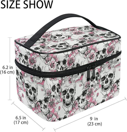 Makeup Bag, Halloween Skull Flowers And Pink Cherries Travel Makeup Organizer Bag Cosmetic Cases Toiletry Bags for Girl Women Ladies