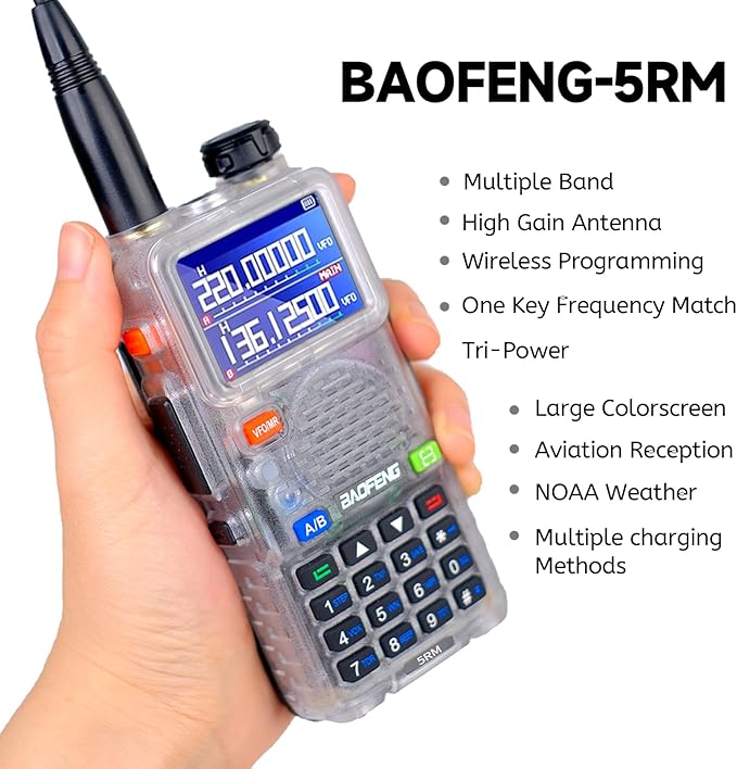 BAOFENG 5RM 10W NOAA Emergency 2500mAh Battery 999CH Ham Radio High Power Long Range Walkie Talkies Handheld Survival Gear Hunting Camping (1pack) (Clear)