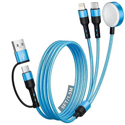 Stocking Stuffers, 3 in 2 USB A/C Cable to iPhone 17 Charger/Apple Watch Charger/Lightning, Braided Multi Charging Cable Cord, RV Camping Essentials, Designed for iWatch Series & iPhone17-11/iPad-5FT