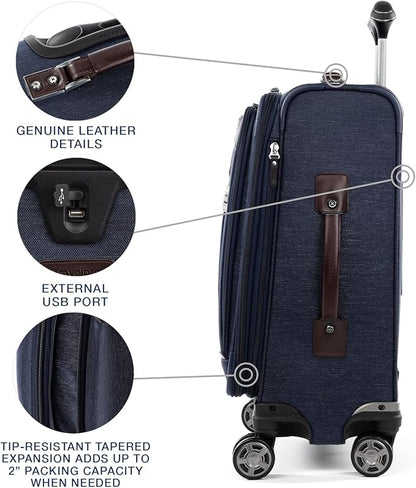 Travelpro Platinum Elite Softside Expandable Carry on Luggage, 8 Wheel Spinner Suitcase, USB Port, Laptop and Tablet Sleeves, Men and Women, True Navy Blue, Carry On 20-Inch