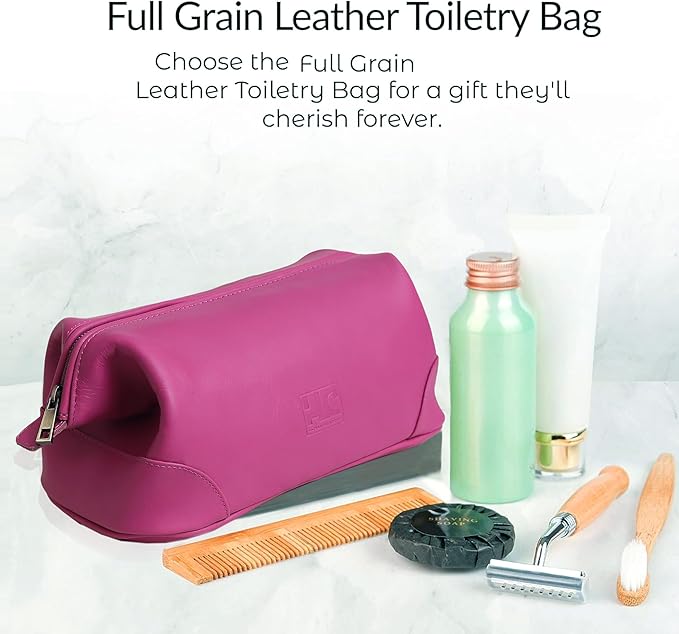 HLC Leather Toiletry Bag for Men Best Gift Premium Genuine Dopp Kit Shaving Kit Organizer Travel Kit Pouch Bag 10 inch Size (Pink)