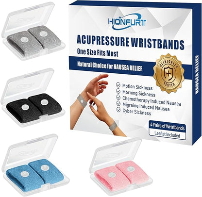 Motion Sickness Bands Anti Nausea Wristband for Adult and Kids Morning Sickness Relief for Pregnant Women Acupressure Nausea Relief for Car, Sea, Air Sickness -4 Pairs Grey, Black, Blue, Pink