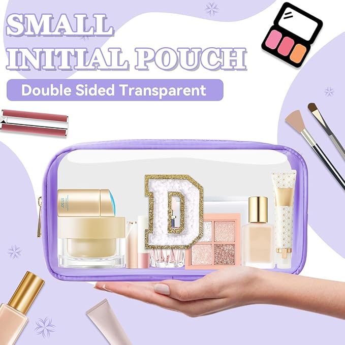 Small Clear Personalized Initial Makeup Bag,Nylon Preppy A-Z Chenille Letter Patch Cosmetic Pouch Beach Toiletry Bag,Waterproof Zip Travel Purse Storage Bag Organizer for Women Girls(Purple-White D)