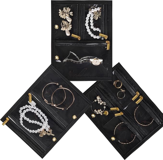 Travel Jewelry Case Organizer for Women, Jewelry Storage Book with Small Pouch, Travel Jewelry Bag Case for Traveling Earrings, Rings, Bracelet Organizer (Inner Pages, 3 PCS, Black)