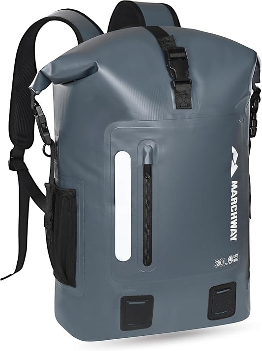MARCHWAY Roll Top Waterproof Backpack, Floating Dry Bag 20L/30L/45L with Ergonomic Rectangular Base, Cushioned Back, Hip Strap for Hiking Camping Kayaking Travel (Grey, 20L)