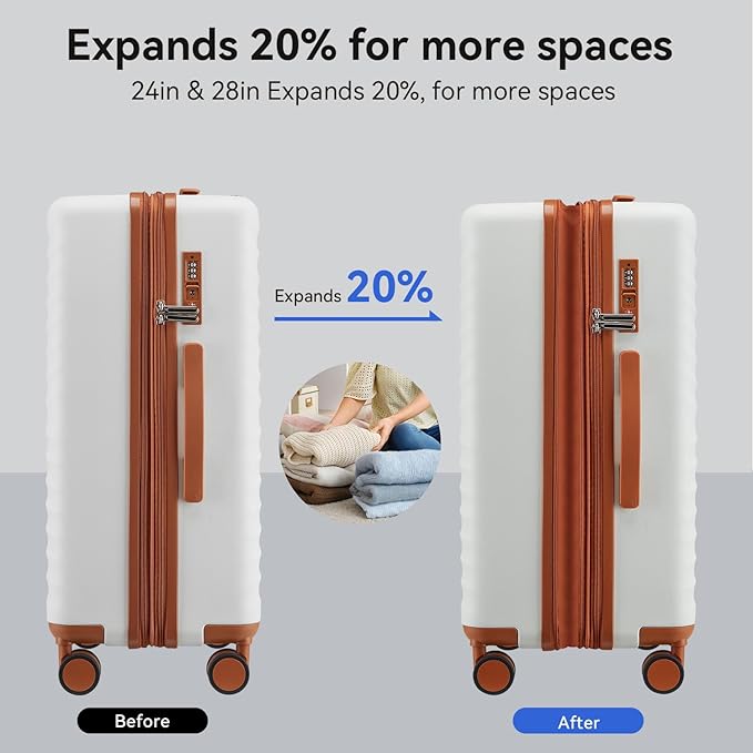 Travel Suitcase Sets 3 Piece, Expandable Hardshell Luggage Sets 3pcs with TSA Lock Spinner Wheels, White-Brown (20''/24''/28")