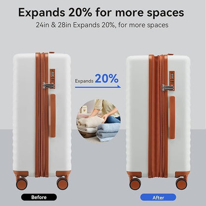 Travel Suitcase Sets 3 Piece, Expandable Hardshell Luggage Sets 3pcs with TSA Lock Spinner Wheels, White-Brown (20''/24''/28")