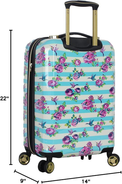 Betsey Johnson Designer 20 Inch Carry On - Expandable (ABS + PC) Hardside Luggage - Lightweight Durable Suitcase With 8-Rolling Spinner Wheels for Women (Stripe Floral Hummingbird)